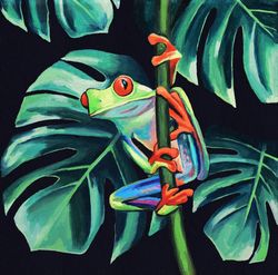 frog original painting, frog original wall art, frog original wall decor, frog painting, tropical frog painting