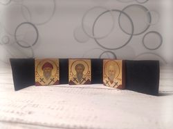 set of travel size icon | saint charalampus | saint spyridon | saint nicholas the wonderworker | hand painted mini icon