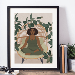 curvylack woman meditating printable poster, melanin women art, gift for yoga lover, body positive art, sage green art.