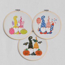 set of 3 patterns, cross stitch pattern, independence day cross stitch, halloween cross stitch, easter cross stitch