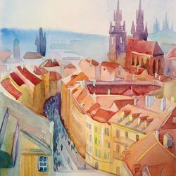 prague city with its gothic architecture, red tiled roofs, narrow medieval streets and square, 9x12 inches