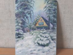 original oil painting on fiberboard, house in a forest in georgia, winter landscape.