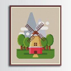 mill cross stitch pattern, mountains cross stitch, digital pdf