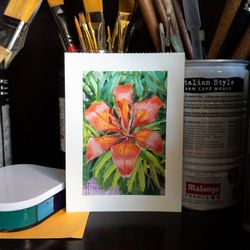 original red tiger lily flower still life watercolor painting, floral botanical illustration, orange flower garden art