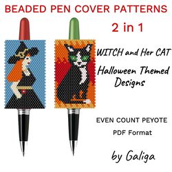 witch cat pen cover patterns halloween beaded pen wrap seed bead pen sleeve witchy spooky beading peyote diy design