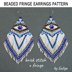 blue evil eye fringe beaded earrings pattern brick stitch delica seed beads beadwork jewelry diy beading large earrings