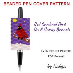 red cardinal bird bead pen wrap snowy night pen cover pattern beaded diy design pen case beading pen sleeve