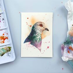 original pigeon bird watercolor painting, miniature small tiny colorful small portrait wall art, cute bird illustration