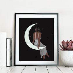 black woman art, retro style, black boho poster, black girl with moon, black women art, elegant black woman art, digital