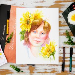 original cute girl floral watercolor portrait, sunflower flower minimal wall art, botanical romantic fanta illustration