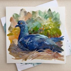 original bird gouache painting, colorful cute pigeon dove portrait minimal wall art, small bird in nest illustration