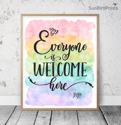 everyone is welcome here, rainbow printable art, welcome classroom poster, school counselor quotes, teacher office decor