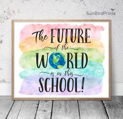 the future of the world in this school, rainbow printable art, welcome school quotes, classroom bulletin board  posters