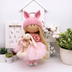 tilda doll with a little bunny in a fluffy tutu skirt art doll cloth doll handmade dolls rag doll custom doll soft doll