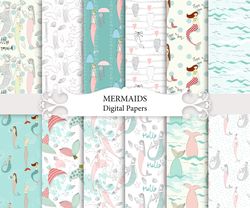 mermaid seamless pattern, digital paper pack.