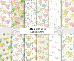 cute elephant, seamless patterns.