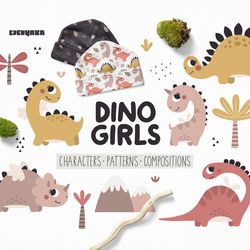 dino girls. kids collection, dino svg, dinosaur png, dinosaur digital paper