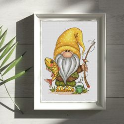 Fisherman gnome cross stitch pattern PDF, summer gnome, fishing cross stitch, summer cross stitch pattern