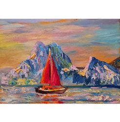 scarlet sails original oil painting mountain landscape seascape small artwork