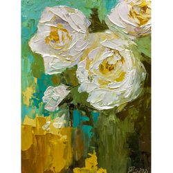 white roses painting original art impasto oil painting flowers artwork floral painting small painting 8x6