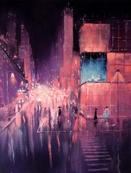 cyberpunk painting "neon city" original oil painting on canvas, modern city original art by "walperion paintings"