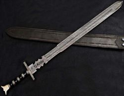 custom hand forged, damascus steel functional sword 31 inches, viking fantasy sword, swords battle ready, with sheath