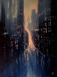 night city painting original oil painting on canvas, modern impressionist art cityscape new york painting by "walperion"