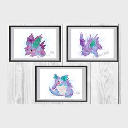 pokemon nidorina set art print digital files decor nursery room watercolor