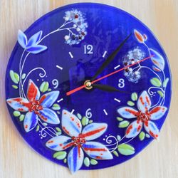 flower wall clock - fused glass clock for living room - fused home decor - round silent wall clock