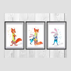 zootopia disney set art print digital files nursery room watercolor