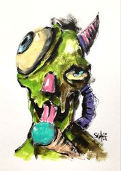 zombie painting original art, mutant horror dark art creepy contemporary outsider art. acrylic, paper