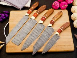 damascus chef set of 5 pieces ,custom handmade chef set , handmade damascus chef set ,personalized gift for mother ,