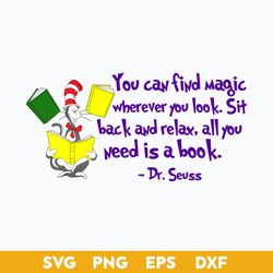 you can find magic wherever yo look sit back and relax all you need is a book svg, dr.seuss quotes svg