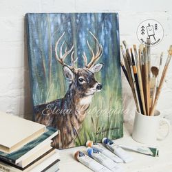 buck deer in the woods, deer painting on stretched canvas