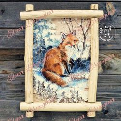 pretty red fox in the snow, rustic birch bark painting