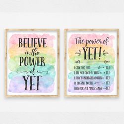 the power of yet printable poster, teacher classroom signs, rainbow  kid room decor, growth mindset inspirational quotes