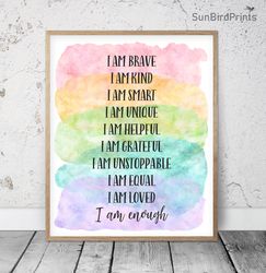 i am brave i am kind printable poster, teacher classroom signs, rainbow kid room decor, growth mindset inspirational art