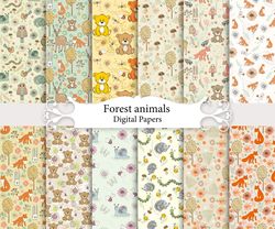 woodland animals, seamless patterns.