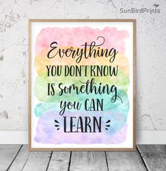 everything you don't know is something you can learn printable, classroom posters inspirational, educational printables