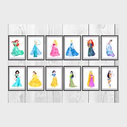 princesses disney set art print digital files decor nursery room watercolor