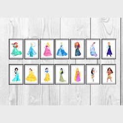 princesses disney set art print digital files decor nursery room watercolor