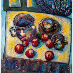 still life, fruit wall ,original oil painting art home decor affordable , art tea set painting,