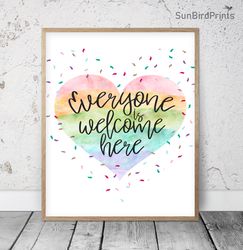 everyone is welcome here, rainbow printable wall art, welcome classroom poster, school counselor quotes, welcome school