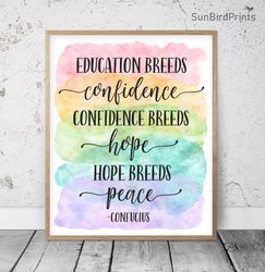 education breeds confidence printable art, confucius quotes, classroom educational posters, rainbow teacher office decor