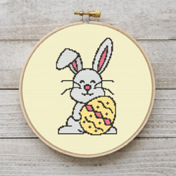 bunny with egg color cross stitch pattern, pdf easy counted embroidery chart, easter bunny, easter rabbit with egg