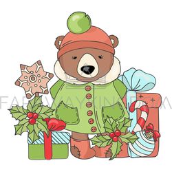 gift bear merry christmas cartoon vector illustration set