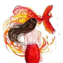 phoenix painting phoenix and woman art original girl and phoenix watercolor firebird artwork. made to order