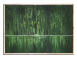 green lake watercolor painting wall art pine trees forest art print large green landscape watercolor painting wall decor