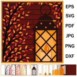 multilayer 3d postcard template, autumn lantern, shadow box