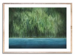 forest lake watercolor painting wall art pine trees forest art print large green landscape watercolor painting